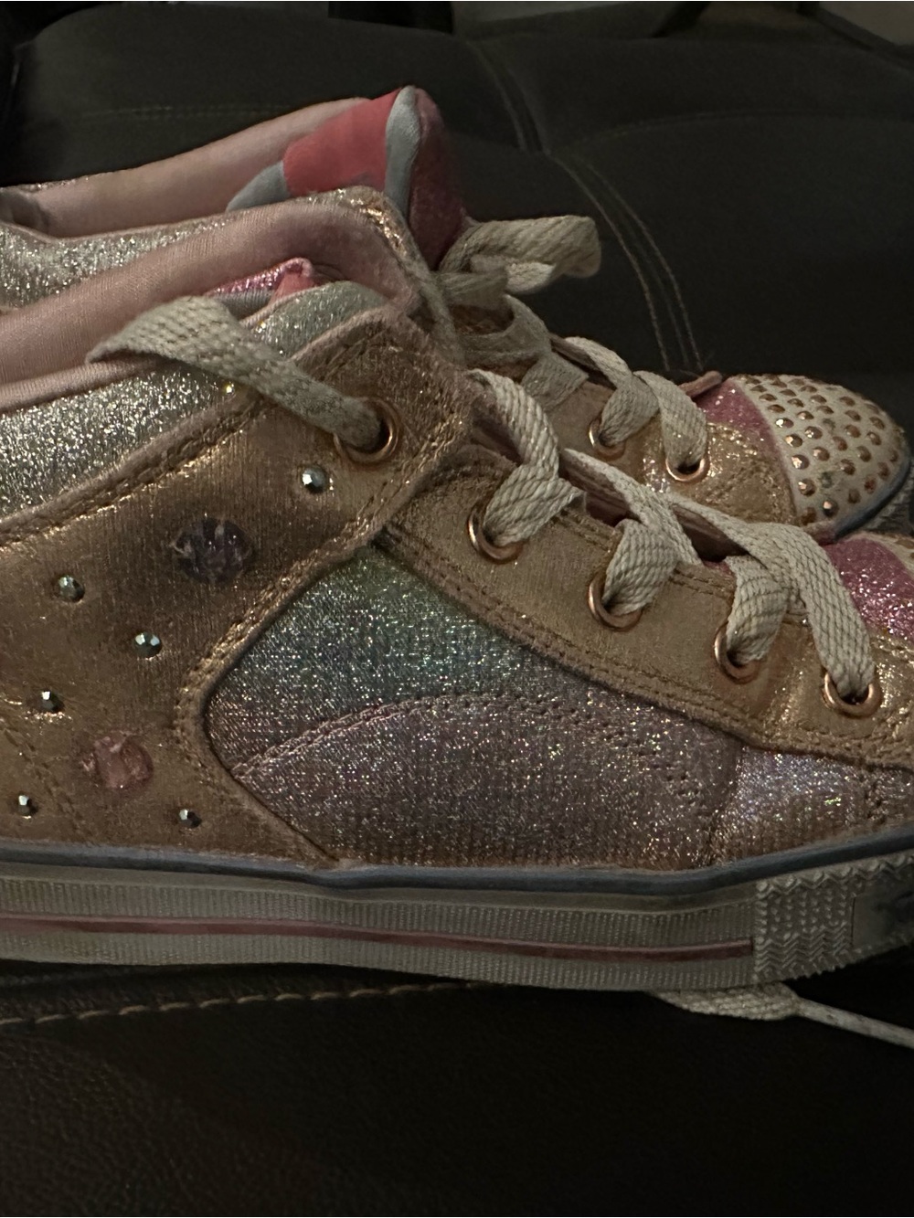 Skechers Girls Glitter Lace-Up Sneakers in Rose Gold and Pink Accents